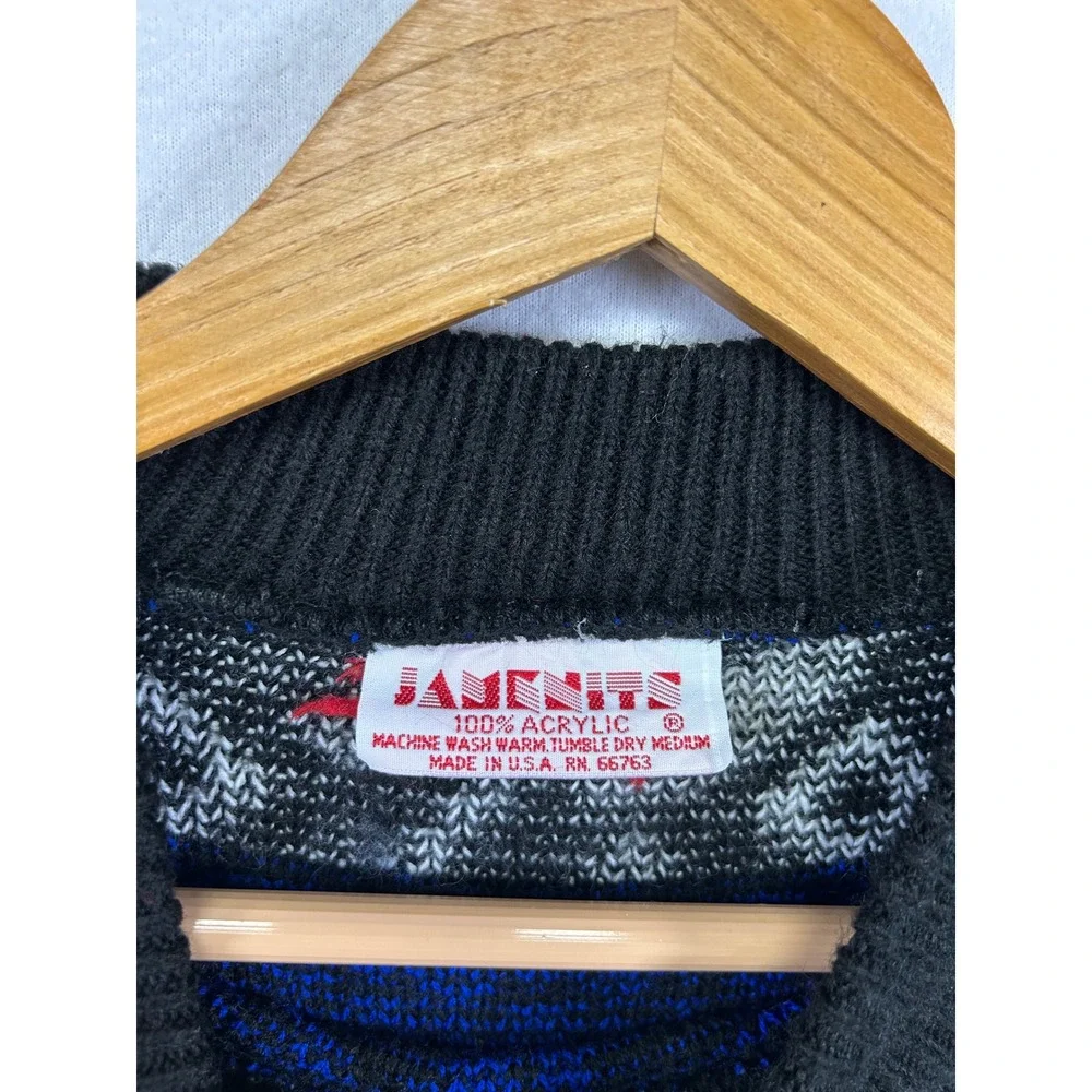 Vintage 80s Javenits Mens Large Blue Black Geometric Abstract Knit Sweater‎ USA